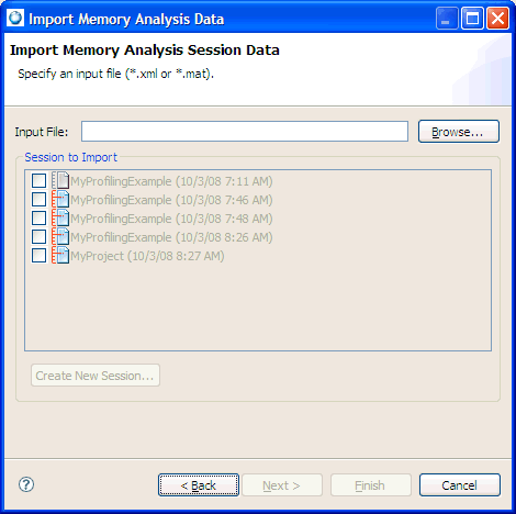 Importing Memory Analysis Data wizard