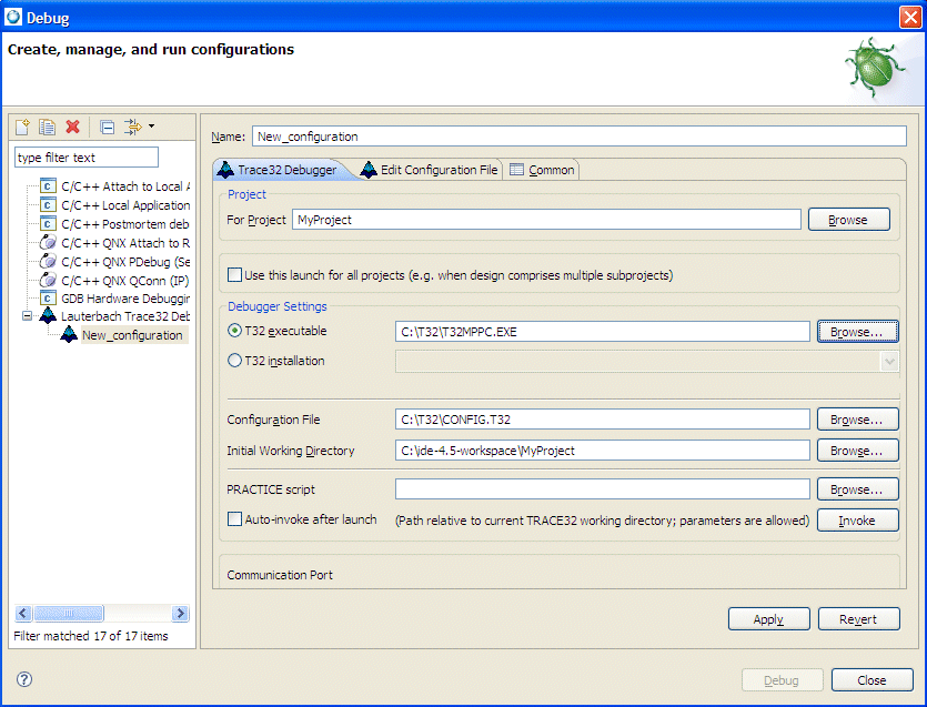 Lauterbach Trace32 Debugger launch configuration