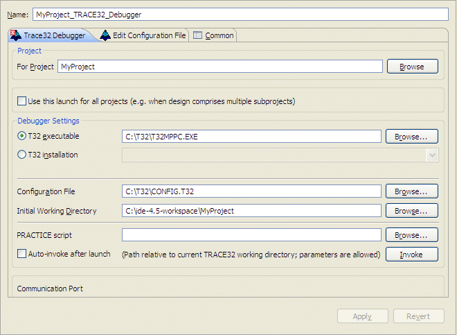 The Lauterbach Launch Configuration type- Trace32 Debugger tab