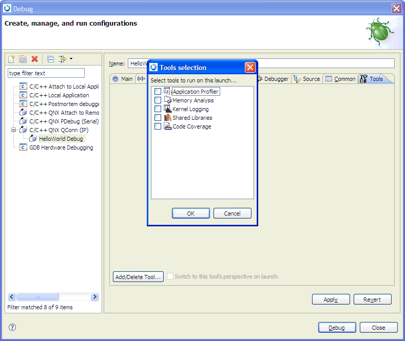 Launch Configurations dialog; tools tab