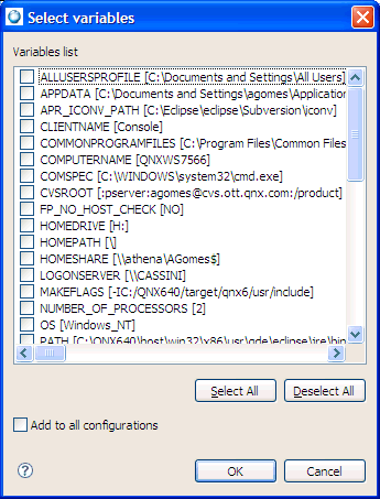 Select variables dialog