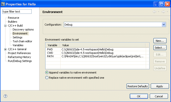 Environment tab