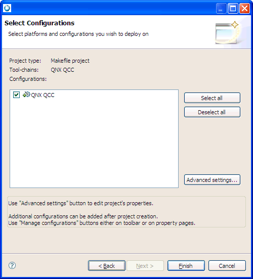 New Project Wizard: select configurations