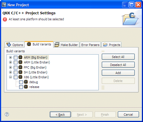 New QNX C Project: Build Variants tab