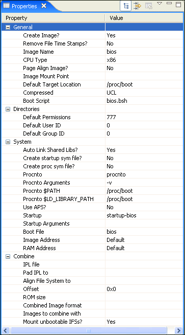 System Builder properties for an IFS image