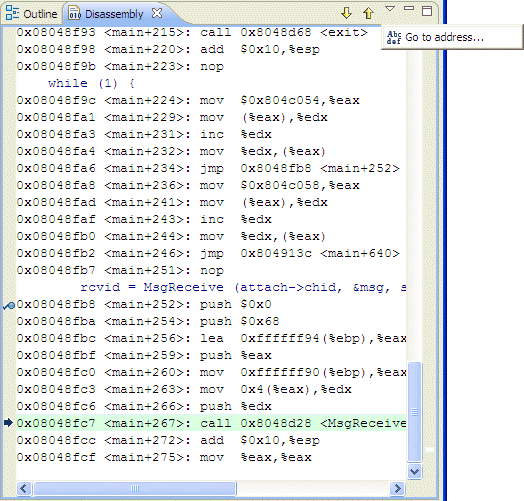 Disassembly view: jumping to a memory address