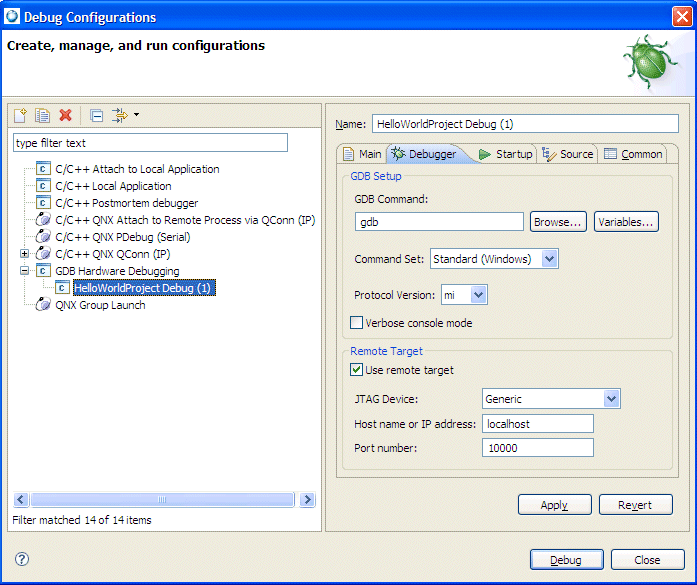 Launch configuration window - Debug tab