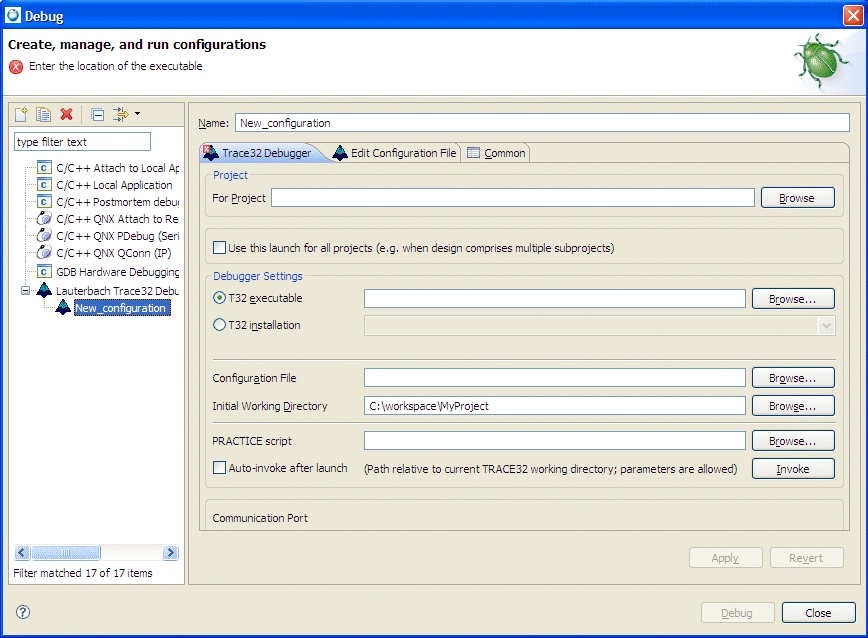 Lauterbach Trace32 Debugger launch configuration type