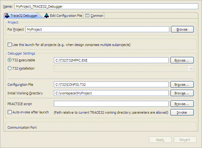 The Lauterbach Launch Configuration type- Trace32 Debugger tab