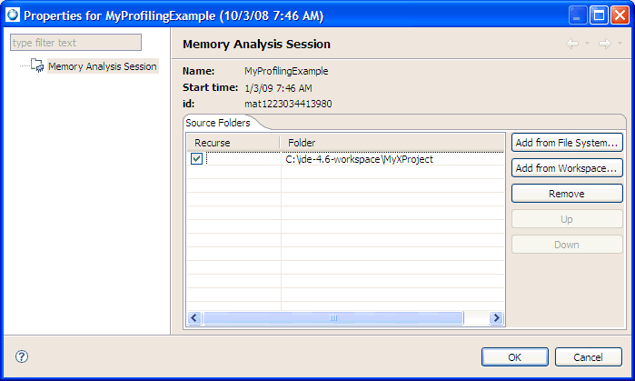 Memory Analysis session properties