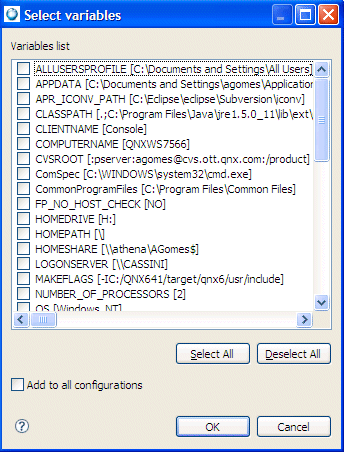 Select variables dialog