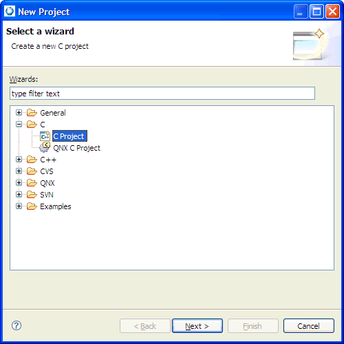 New Project Wizard: Select a project type