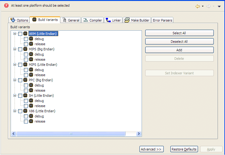 New QNX C Project: Build Variants tab
