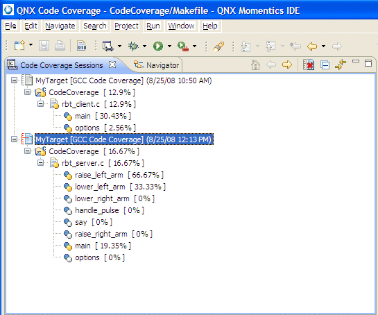 Code Coverage Sessions view