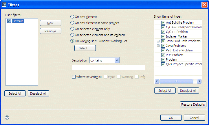 Problems view; Filters dialog