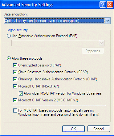 Connection: Advanced security Settings dialog
