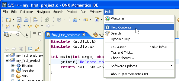 IDE help menu