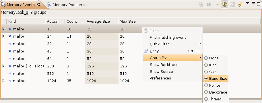 Memory event statistics by actual size