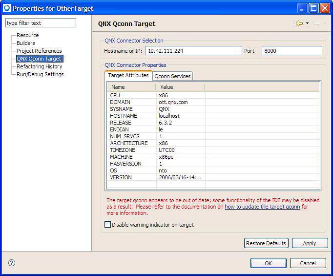 Image of properties dialog with message indicating qconn is out of date