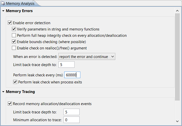 Memory Analysis Tool - Error Settings