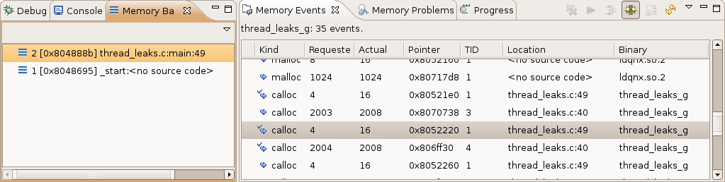 Memory Events view