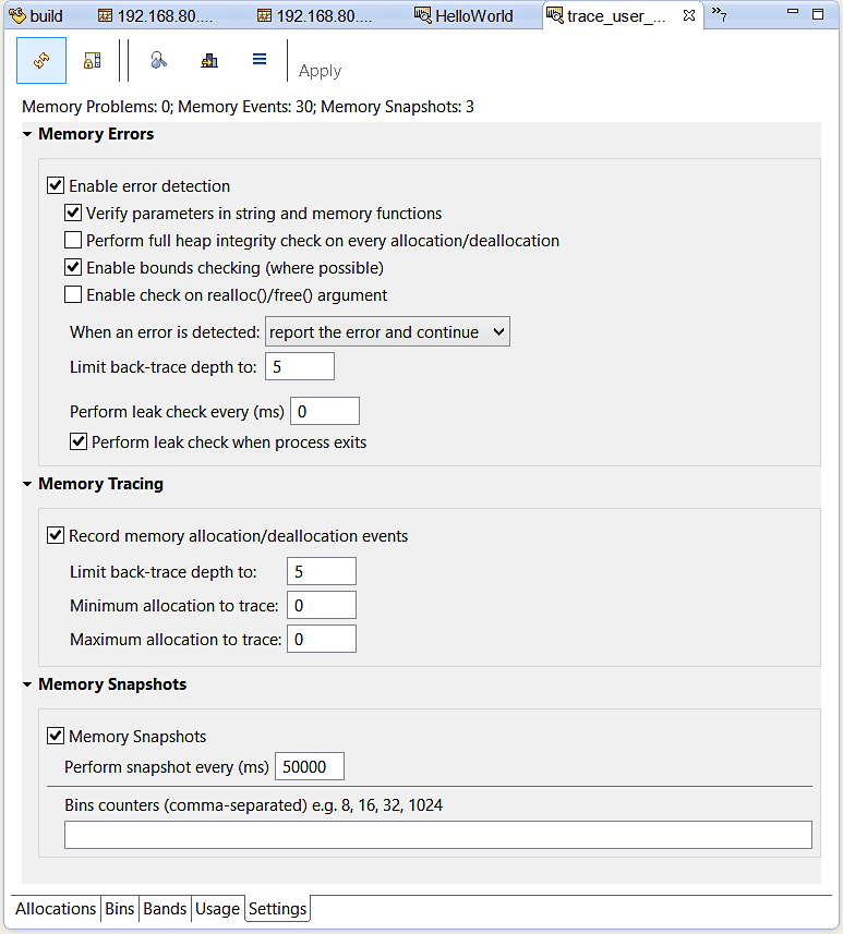 Memory Analysis tool - Settings tab