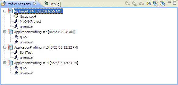 Screenshot of Profiler Sessions view with multiple sessions opened