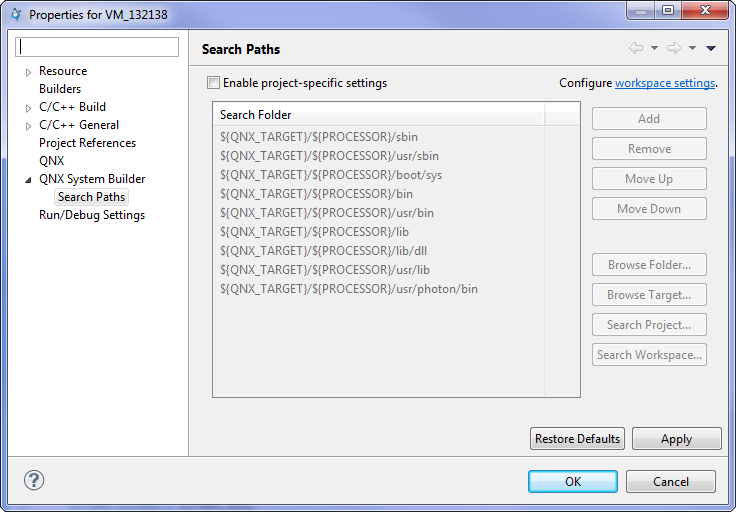 Properties dialog; Search Paths