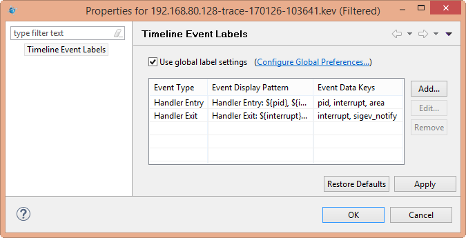 Screenshot of Timeline Event Labels window