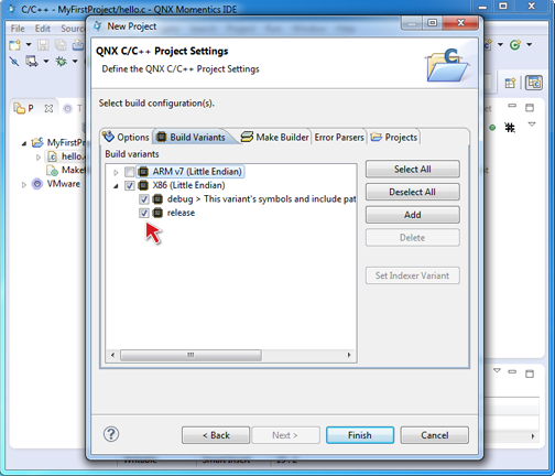 New QNX C Project: Build Variants tab