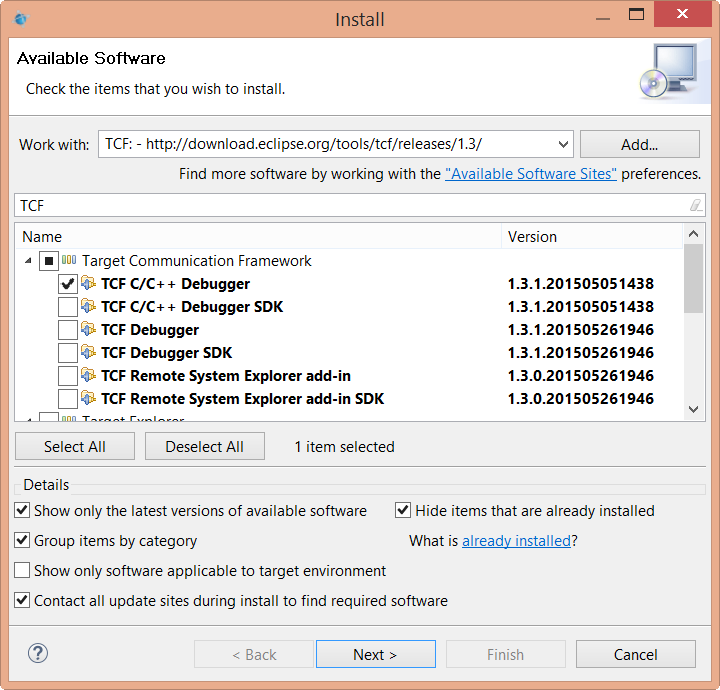 Screenshot of Install window that shows packages containing TCF that are available for installation