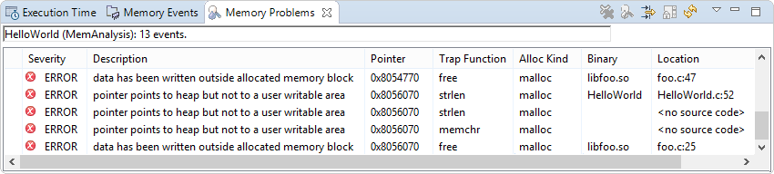 Screenshot of Memory Problems view, with a selected entry that summarizes an error caused by an illegal data write in memcpy()