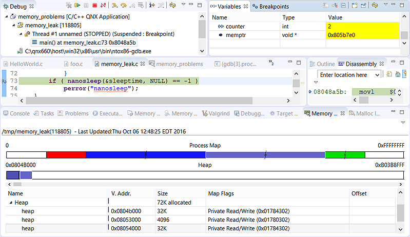 Screenshot of a program stopped at a breakpoint while being debugged, with the Memory Information view opened and the heap segment data shown