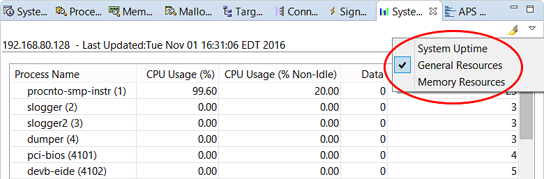 Screenshot of System Resources view with General Resources selected in dropdown in upper right corner