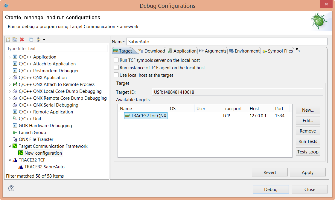 Screenshot of Target Communication Framework debug configuration with Target tab selected and filled out