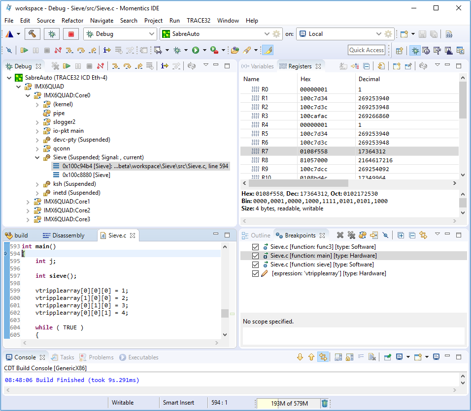 Screenshot of Debug perspective showing source code and registers for target thread being debugged through TCF connection