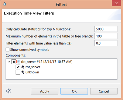 Screenshot of Filters window showing fields for restricting how many function results are listed, defining a minimum difference threshold, and indicating which program components to show in the results
