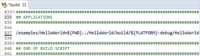 Screenshot of buildfile editor with lines of code specifying target paths for debug binaries at specific workspace (or host) paths