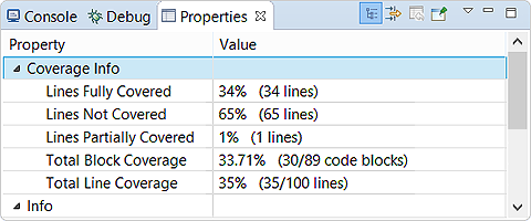 Image of Properties view when a source file is selected in a coverage session
