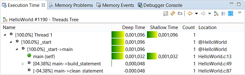 Screenshot of Execution Time view showing per-function heap usage changes in a thread-based tree
