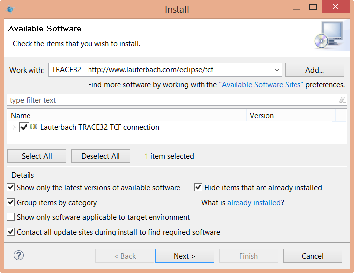 Screenshot of Install window that shows packages containing TCF that are available for installation