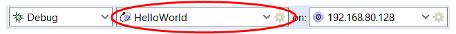 Image of launch bar, which contains three control buttons and three dropdowns, with the middle dropdown defining the Launch Configuration