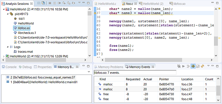 Screenshot of the QNX Analysis perspective, with a process selected in Analysis Sessions, an event selected in Memory Events, a call chain entry selected in Memory Backtrace, and the source code opened to the line that makes an unmatched allocation