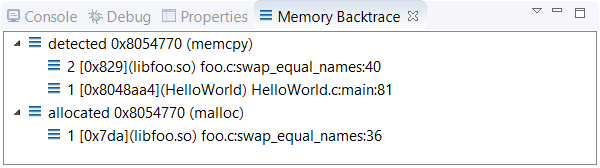 Screenshot of Memory Backtrace view, with a detection stack trace showing two function call levels and an allocation stack trace showing one level