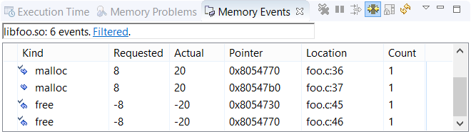 Screenshot of Memory Events view, with details about several malloc and free events
