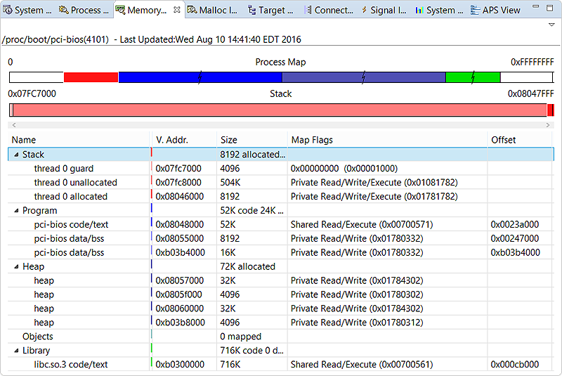 Screenshot of Memory Information view that shows the stack memory breakdown in bar graphs and details about all memory segments in a table