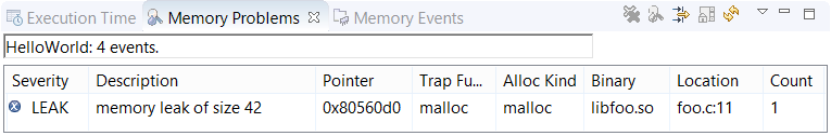 Screenshot of Memory Problems view, with a selected entry that describes a memory leak of 42 bytes