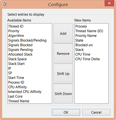 Screenshot of popup window that shows the available thread fields on the left, buttons for adding, removing, and changing the display order of the fields in the middle, and the selected fields on the right