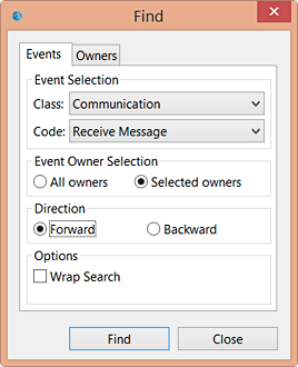 Screenshot of Find window with Events tab filled out
