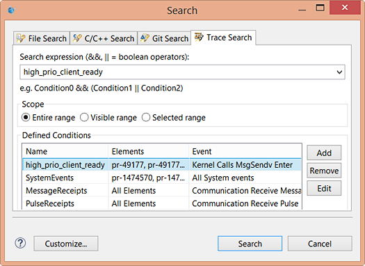 Screenshot of Search window with Trace Search tab selected